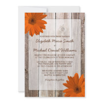 Orange Daisy Rustic Barn Wood Wedding Invite