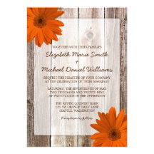 Orange Daisy Rustic Barn Wood Wedding Invite