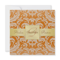Orange Damask Monogram Gold Ribbon Invitation
