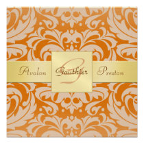 Orange Damask Monogram Gold Ribbon Invitation invitations