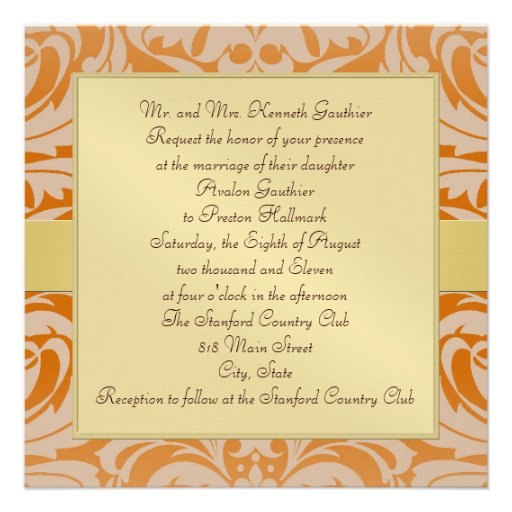 Orange Damask Monogram Gold Ribbon Invitation