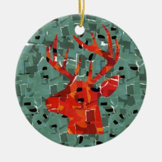 Orange deer silhouette collage Double-Sided ceramic round christmas ornament