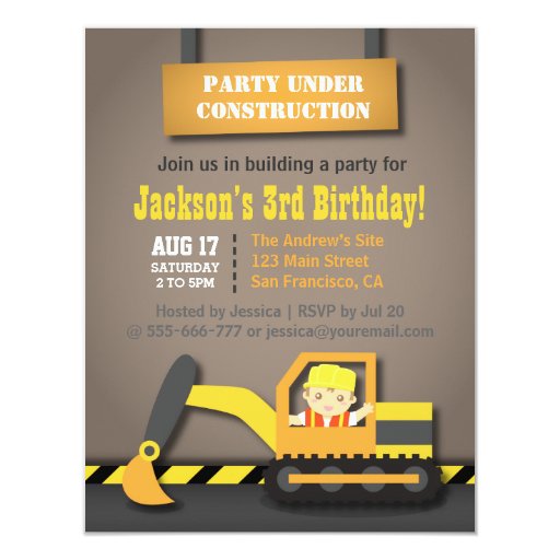 Orange Excavator Construction Theme Birthday Party Custom Invite (front side)