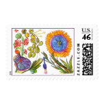 Orange flower with purple and green leaves postage stamp
