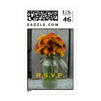 Orange Flowers & Barnwood Fall Wedding RSVP Postage