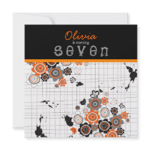 Orange Flowers & Chicks Doodle Birthday Invitation