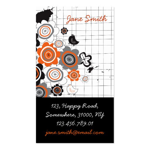 Orange Flowers Chicks Grunge Ink Blots Doodles Kid Business Card Template (front side)