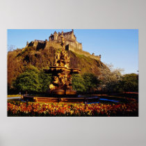 Orange Fountain and tulips, Edinburgh Castle, Scot Poster