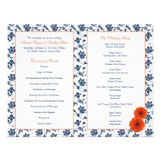 Orange Gerber Daisy Navy Damask Wedding Program Flyer