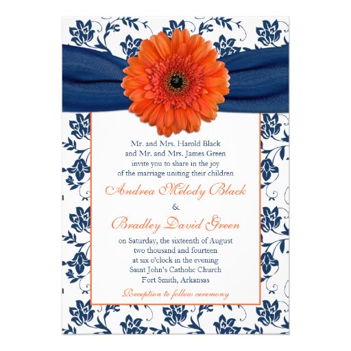 Orange Gerber Daisy Navy Floral Wedding Invitation