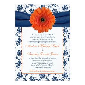 Orange Gerber Daisy Navy Floral Wedding Invitation Personalized Announcements