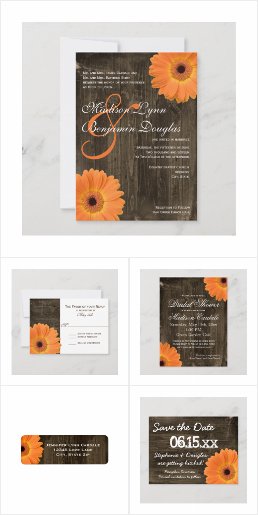 Orange Gerber Daisy Wood Wedding Invitation Set