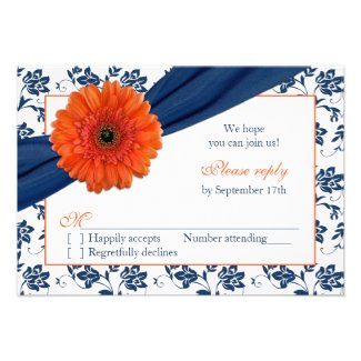 Orange Gerber Navy Blue Damask Floral Wedding RSVP Invitations