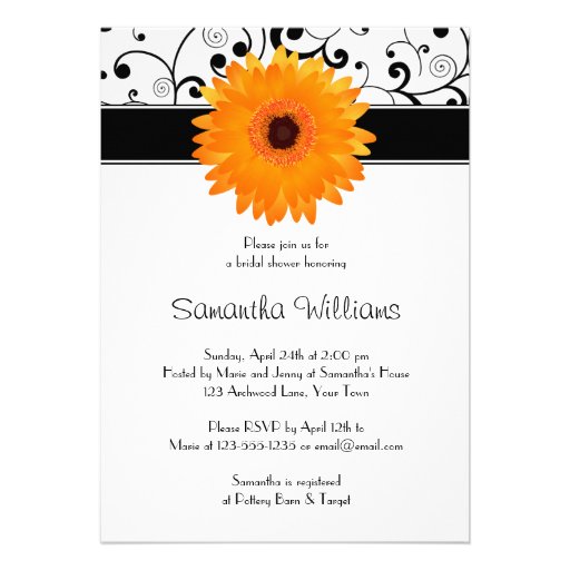 Orange Gerbera Daisy Black Scroll Bridal Shower Personalized Invite