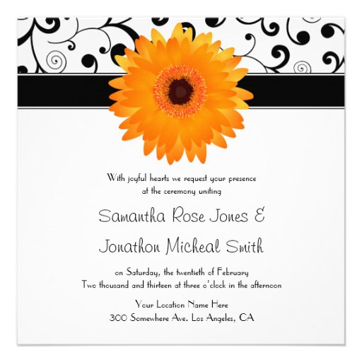 Orange Gerbera Daisy Black Scroll Design Wedding Custom Invitation
