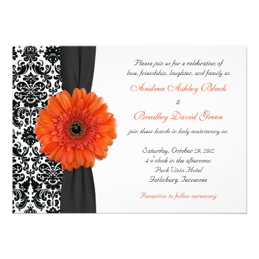 Orange Gerbera Daisy Damask Wedding Invitation