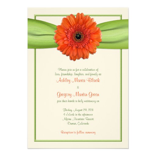 Orange Gerbera Daisy Green Wedding Invitation