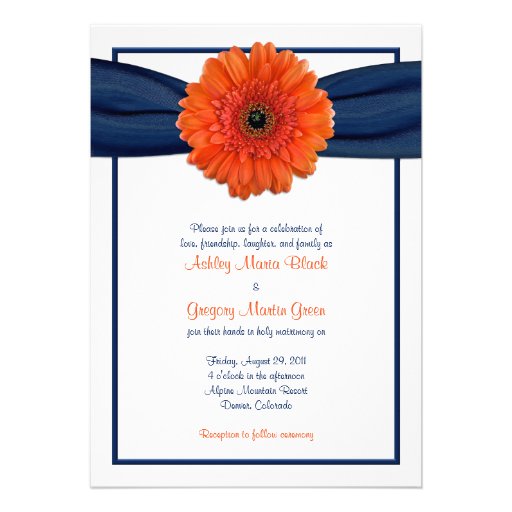 Orange Gerbera Daisy Navy Wedding Invitation