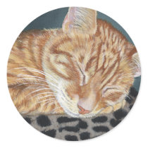 Orange Ginger Tabby Sleeping Cat Painting Art Round Stickers