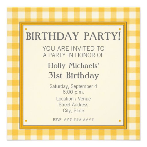 Orange Gingham Birthday Party Invitation