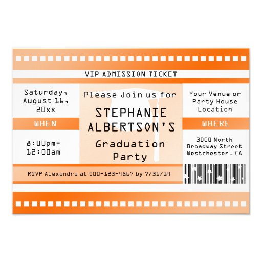 Orange Graduation or Party Admission Ticket Announcements (front side)