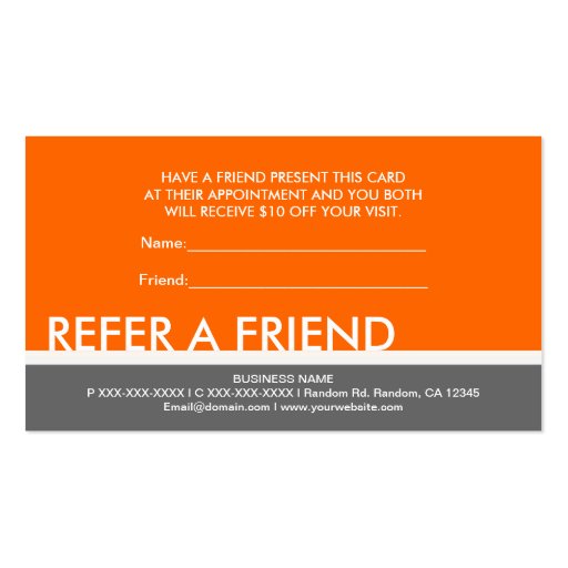 Orange gray simple refer a friend custom cards business card (front side)