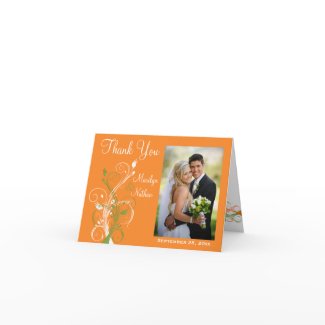 Orange Green White Floral Photo Thank You Card