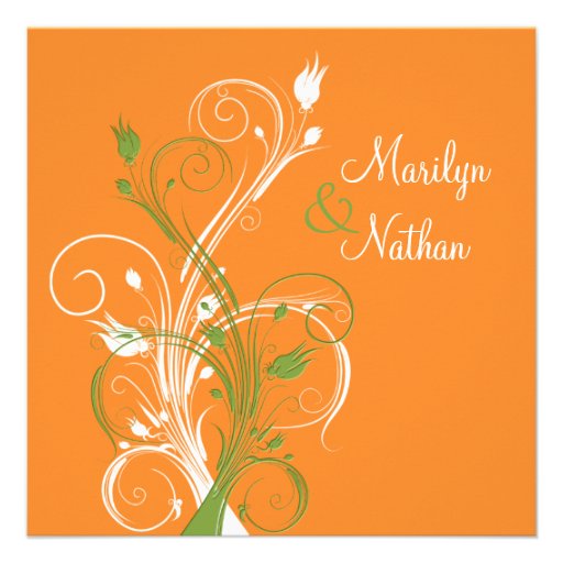 Orange Green White Floral Sq. Wedding Invitation