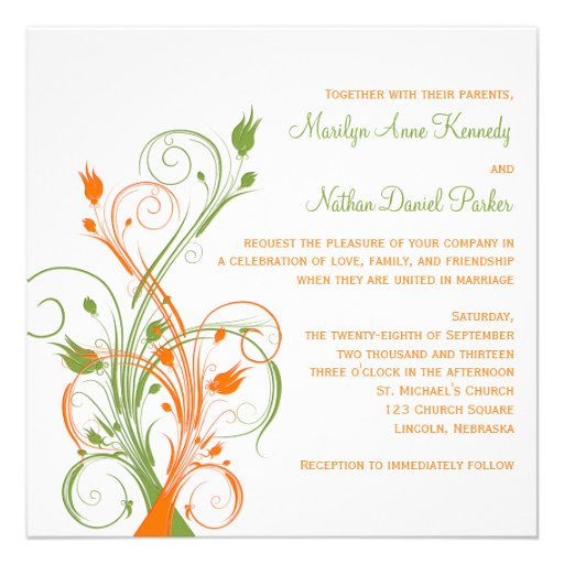 Orange Green White Floral Sq. Wedding Invitation