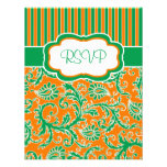 Orange, Green, White Floral Striped RSVP Card