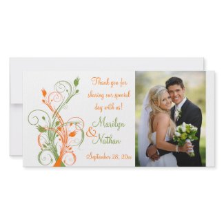 Orange, Green, White Floral Wedding Photo Card