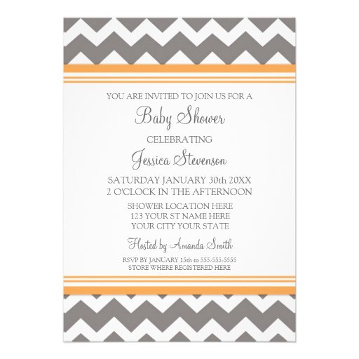 Orange Grey Chevron Custom Baby Shower Invitations