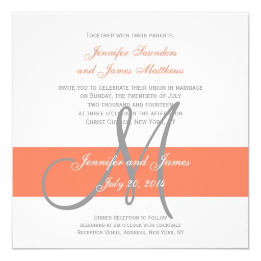 Orange Grey Wedding Invitation | Monogram Names