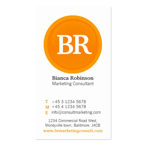 Orange, grey & white glass circle business card (front side)