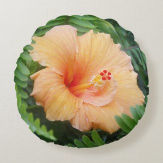 Orange Hibiscus Flower with Ferns Round Pillow