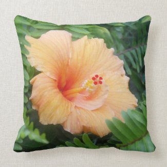 Orange Hibiscus Flower with Ferns Throw Pillows