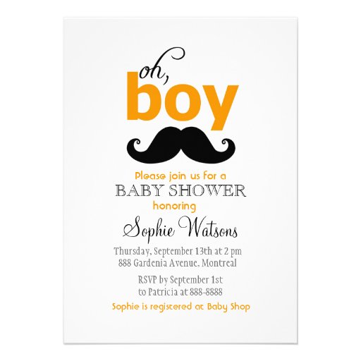 Orange It's a Boy Mustache Baby Shower Invitations