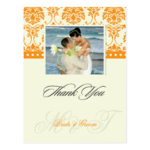Orange +  Ivory Damask Thank You Photo postcards,