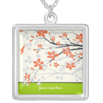 Orange lime green magnolia flowers silver pendant necklaces