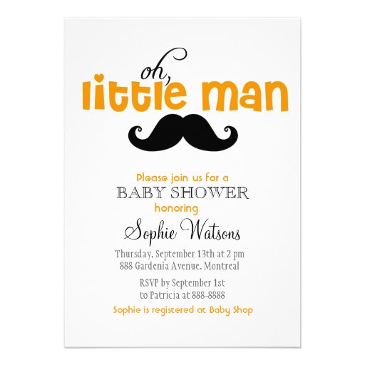 Orange Little Man Mustache Baby Shower Invitations