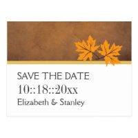Orange maple leaves on brown wedding Save the Date Postcard