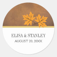 Orange maple leaves on brown wedding Save the Date Classic Round Sticker