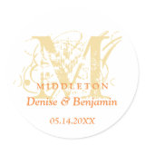 Orange monogram antique chic label wedding favor round stickers