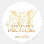 Orange monogram antique chic label wedding favor round stickers