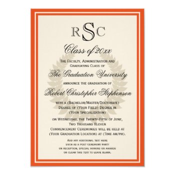 Orange Monogram Laurel Classic College Graduation 4.5x6.25 Paper Invitation Card by CustomInvites at Zazzle