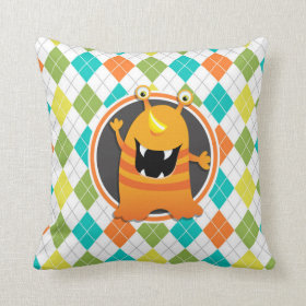 Orange Monster on Colorful Argyle Pattern Pillow