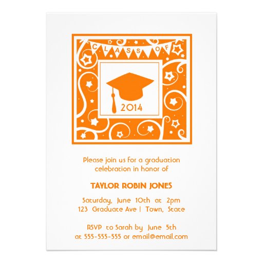 Orange Mortarboard Modern Graduation Invitations