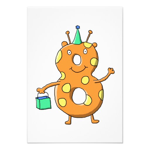 Orange number 8 monster for 8th Birthday. Personalized Invitations