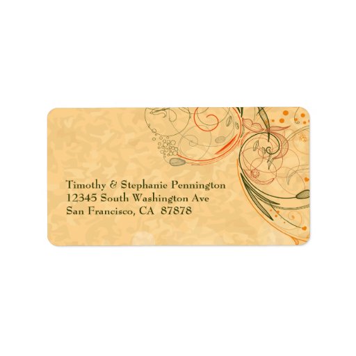 Orange & olive floral swirls wedding address label
