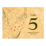 Orange & olive floral swirls wedding table number post card